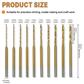 XIFOWE 10Pcs Titanium-Coated HSS Twist Drill Bit Set (0.6mm, 0.8mm, 1.0mm, 1.2mm, 1.4mm, 1.5mm, 1.6mm, 1.8mm, 2.0mm, 2.2mm) Compatible with 2.35mm Collet for 3D-printed Model, Plastic& thin metal etc.