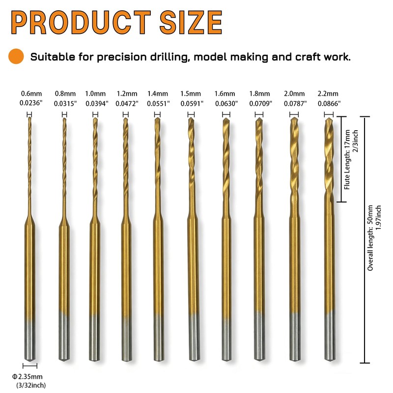 XIFOWE 10Pcs Titanium-Coated HSS Twist Drill Bit Set (0.6mm, 0.8mm,