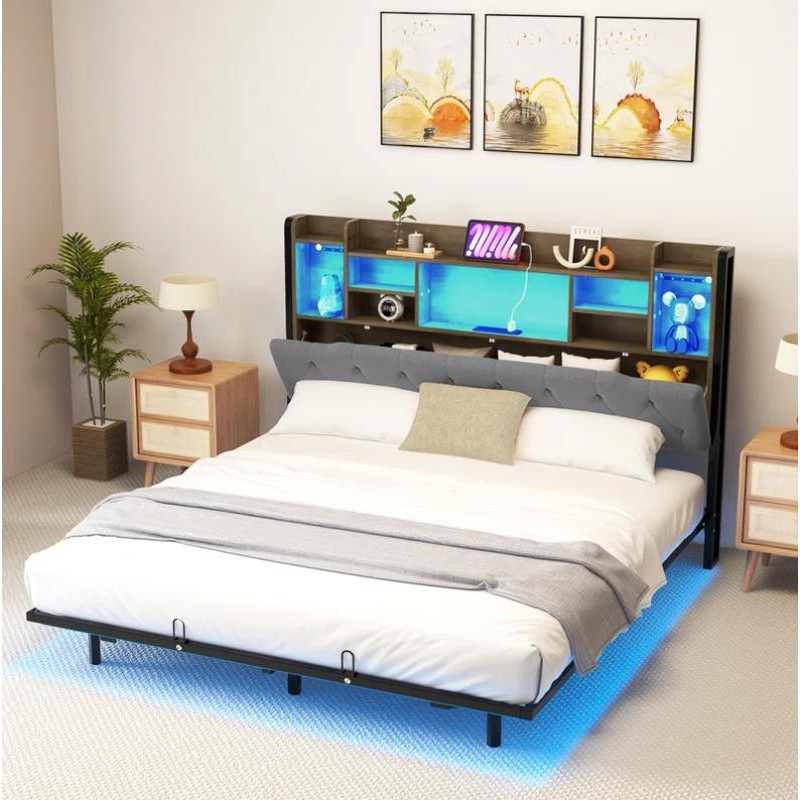 YITAHOME Upholstered Platform Bed with Headboard Storage and LED Lights