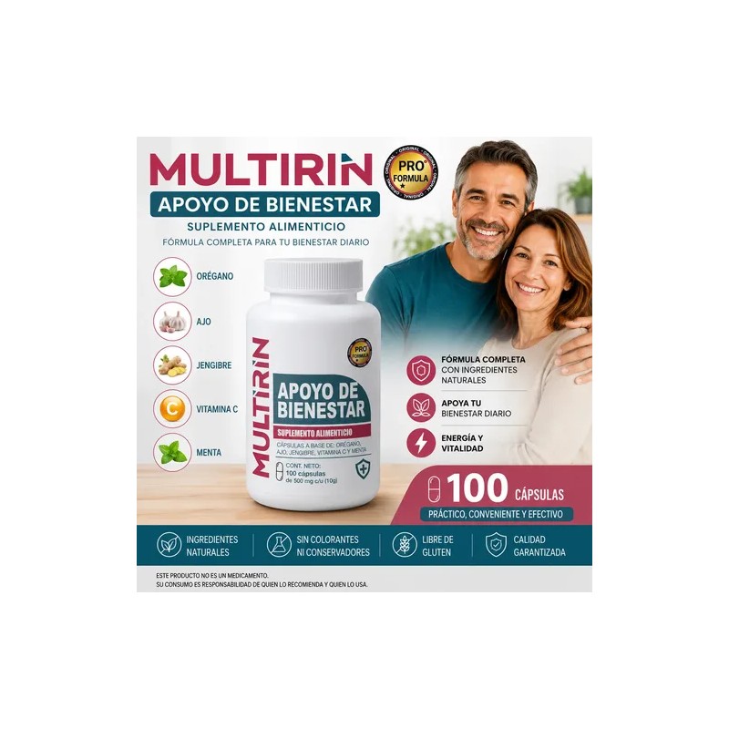 Multirin 100 Cápsulas Orégano Ajo Jengibre Vitaminac Menta