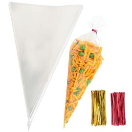 Morepack Cone Cellophane Bags,200 Pieces 6.3"x11.8" Cello Clear Cone Shaped Treat Bags with Twist Ties, Plastic Cone Bags Triangle Bags for Popcorn Favor Candy
