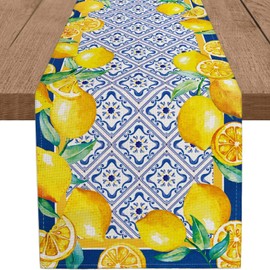 WHOMEAF Capri Blue Lemon Table Runner Summer Italy Tile Burlap Artificial Lemon Fruit Table Runners Farmhouse Coffee Table Center Decor for Home Kitchen Dining Party Patio Indoor Outdoor 13x72 Inch