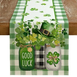 GEEORY St. Patrick's Day Table Runner 13 x 108 Inch, Shamrocks Plaid Mason Jar Decorative Holiday Table Decoration for Kitchen Dinning, Indoor Outdoor Dinner Party Décor GT142-108