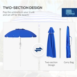 5.7' Portable Beach Umbrella with Adjustable Tilt/Height, 2 Cup Holders/Hooks, UV40+ Vented Ruffled Canopy - Blue