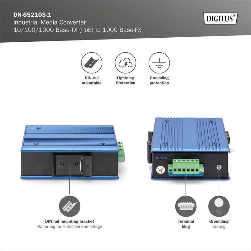 DIGITUS Industrial Gigabit Media Converter - 1 RJ45 Port, 1