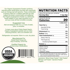 Cherie Sweet Heart Supergreens Powder - Green Superfood - Organic Greens Powder Super Greens - Smoothie Powder - Superfood Powder - Powdered Greens - 2.25LB Super Greens Powder - 204 Servings