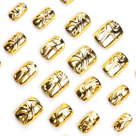 Press On Nails, Gold Foil Glitter Designed in Glue on Nails, Golden Line Fake Nails, Short Square Almond Ballet Shape for Stick On Nails on 24PCS (Short 3D Gold)