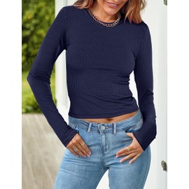 MEROKEETY Women Long Sleeve Y2K Trendy Tops Solid Crewneck Crop Tight Streetwear Tshirts Top Navy Small