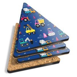 4 x Triangle Coasters - Construction Vehicles Tipper Truck Boys Kids Crane Cork Backed MDF Glossy Tea Coffee Accessory #170530