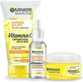 Kit Garnier Express Aclara Rutina anti manchas con Vitamina C: Sérum facial, crema hidratante y gel limpiador, 3 piezas. Hidrata, ilumina y unifica el tono de la piel