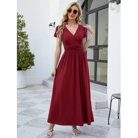 ANRILITA Maxi Dress for Women Wrap V Neck Short Sleeve Empire Pleated Waist Summer Casual Elegant Long Dresses with Pockets Wine Red