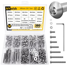 Mywish 380 Pcs M4 Screw Nuts and Bolts Assortment Kit, 304 Stainless Steel Button Head Socket Cap Metric Screws Bolts, Spring & Flat Lock Washers/Nuts/Hex Wrenches, M4*8/10/12/16/20/25/30