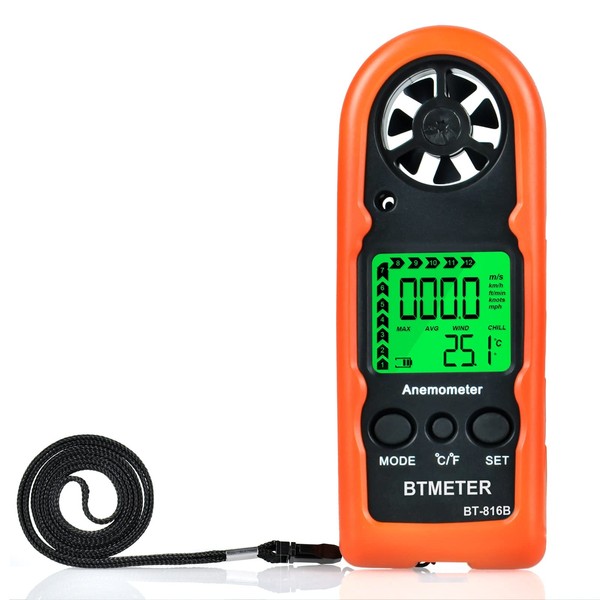 BTMETER BT-816B Handheld Anemometer, Compact Digital Wind Speed Meter Gauge for Air Velocity, Wind Temperature Test with LCD Backlight, Max/Average, Wind Chill