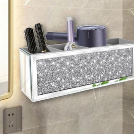 Soporte para secador de pelo con espejo. (4 compartimentos). Organizador de herramientas para el cabello Crystal Crush Diamond para montaje en pared. Bandeja plateada para clóset de baño