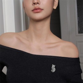 Cute Little Cat Brooch for Women Men Vintage Antique Animal Kitten Green Crystal Eye Dainty Brooches Lapel Pins Dress Accessories Holiday Xmas Birthday Party Jewelry Unisex Gift Souvenir (Silver)