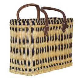 Seagrass Shopping Basket, Braided Bag with Leather Handle, Large with Short Handle, Blue