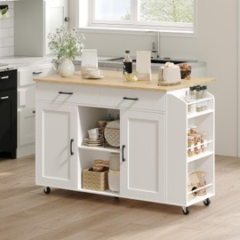 MAHANCRIS Kitchen Island on Wheels with Drop Leaf, Rolling Kitchen Storage Island, Kitchen Island Table with Drawer, Spice Rack, Towel Rack, Rolling Kitchen Cart, White and Natural KINW12801N1