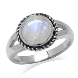 Silvershake 9mm Natural Round Shape Moonstone 925 Sterling Silver Rope Solitaire Ring Size 5