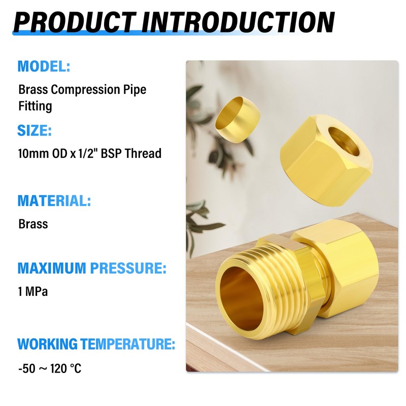 TAILONZ PNEUMATIC 2PCS Brass Compression Tube Pipe Fitting Connector, 10MM