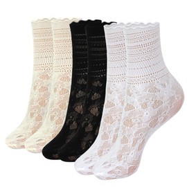 YOYOU Lace Ruffle Ankle Socks Women, Sheer Mesh Frilly Crew Sock, Thin Cute Dress Socks 3 Pairs