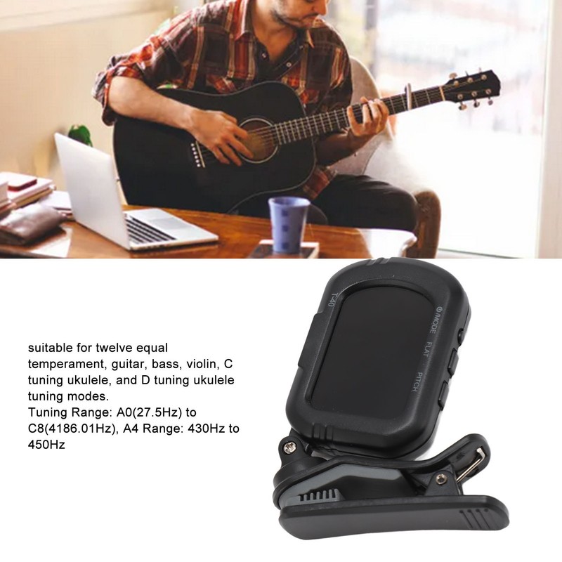 Clip On Guitar Tuner Black LCD Display A0 27.5Hz to