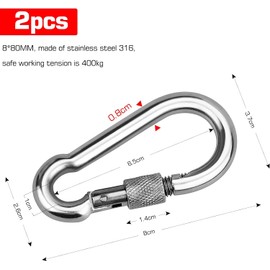 Fire Brigade Carabiner Hooks Large Screw Carabiner Stainless Steel 80 mm x 8 mm with Screw Rustproof with Clasp Carabiner Load Capacity 400 kg Pack of 2