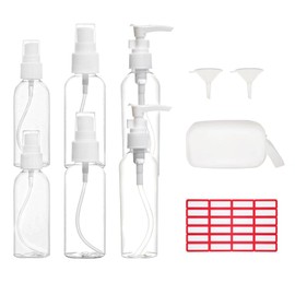 Spray bottles, 2oz./60ml, 2.7oz./80ml, Squeeze bottle 3.4 oz./100ml clear Empty Fine mist plastic mini travel bottle set, small refillable liquid container with 2 funnels and 24 labels (6 packs)