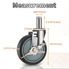 Besitu 5 inches Stem Casters for Wire Shelving Racks, Heavy Duty Wheels with Brake Set of 4 Swivel Casters Scaffolding Wheel Replacement (.864" x 2-3/16")
