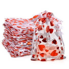 MAOOY 100 x Organza Bags for Filling, Gift Bags, 15 x 20 cm, Jewellery Bags, Small Bags, Gift Bags, Small for Christmas, Wedding, Birthday Party (White Background with Red Heart)