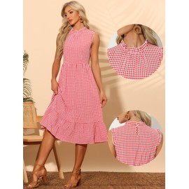 Allegra K Women's Checked Dress for Sleeveless Dresses with Stand-Up Collar and Ruffles, red