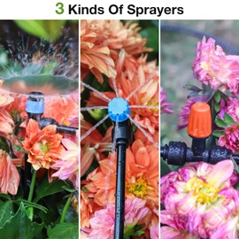 MIXC Greenhouse Micro Drip Irrigation Kit Automatic Irrigation System Patio Misting Plant Watering System with 1/4 inch 1/2 inch Irrigation Tubing Hose Adjustable Nozzle Emitters Barbed Fittings