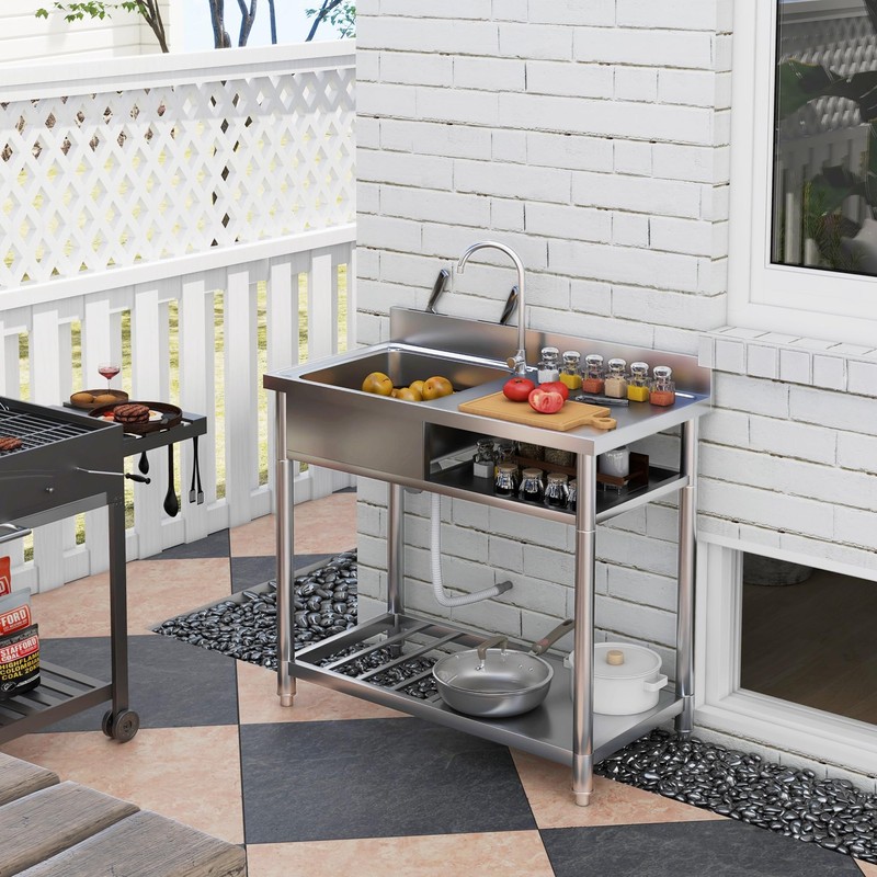 Outdoor Utility Sink 39 Inch, Deep Stainless Steel Sink, Free