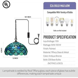 LXHCYOU Tiffany Pendant Light Plug in, 12 inches Stained Glass Hanging Lamp, 39 Inch Chain, 15 Feet Cord Living Room Bedroom Kitchen Dining Room Office (Sea Blue Pearl Style)