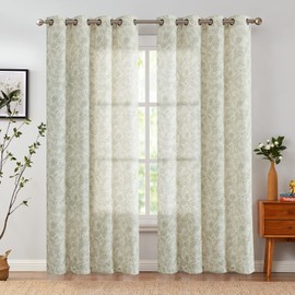 Vangao Green Floral Linen Blend Curtains for Living Room 84 Inches Long Farmhouse Curtains for Bedroom Vintage Print on Beige Light Filtering Window Drapes Grommet Top 2 Panels