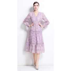 LAI MENG FIVE CATS Women's Lace Lantern Sleeves V-Neck Embroidery Hollow Solid Color Flowy Midi Dress,Purple,Medium