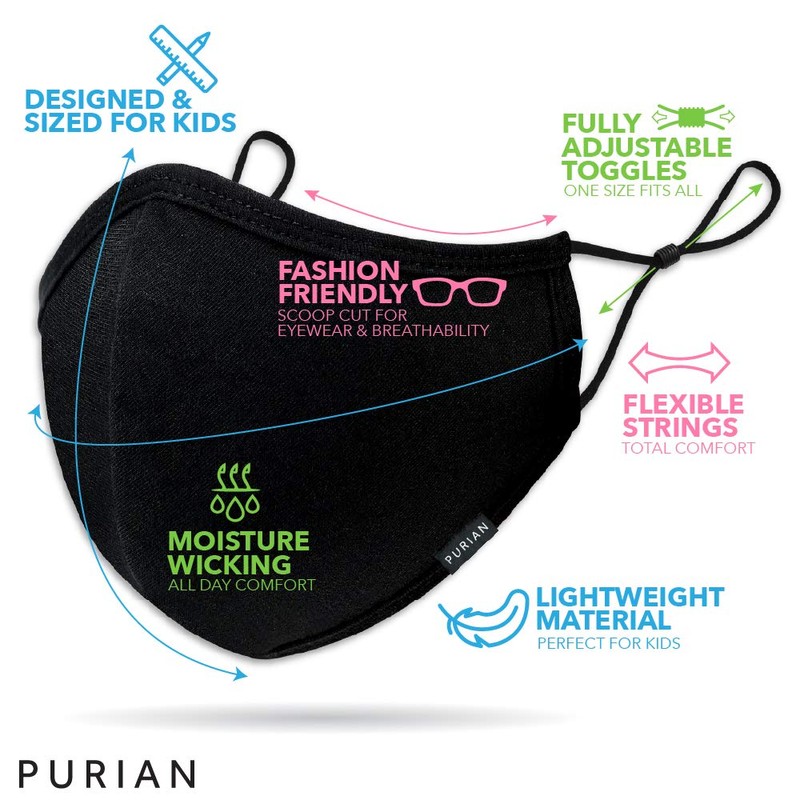 PURIAN Black Cloth Face Mask for Kids, Reusable Face Masks,