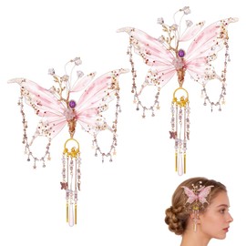 2 PCS Pink Fairy Butterfly Hair Clip, Translucent Pink Butterfly Wings Hair Accessory with Metal Tassels, Elven Hair Clamp Fantasy Hairpiece for Photoshoot Prom, Wedding Renfaire Cosplay Styling