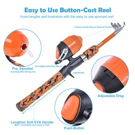 CODEK Kids Fishing Pole Set with Full Starter Kits 1 Set Portable Telescopic Fishing Rod and Spincast Reel Cambos with a Fishing Net and 1 Buckets for Boys Girls and Youth (Orange)