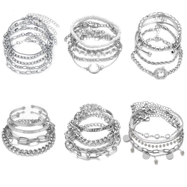 Uwiyo 27 Pcs Chain Bracelets for Women Silver Boho Bracelet