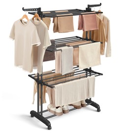 SONGMICS Clothes Drying Rack Stand 4-Tier, Foldable Laundry Drying Rack 68.1-Inch Tall, Stainless Steel, Rolling Clothes Horses Dryer Rack, Easy to Assemble, Indoor Outdoor Use, Ink Black ULLR701B01