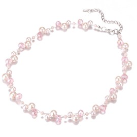 Short Beaded Turquoise Necklace For Women - Fashion Jewelry with Pearl and Crystal Bead, Birthday Gifts For Women (27-light pink)