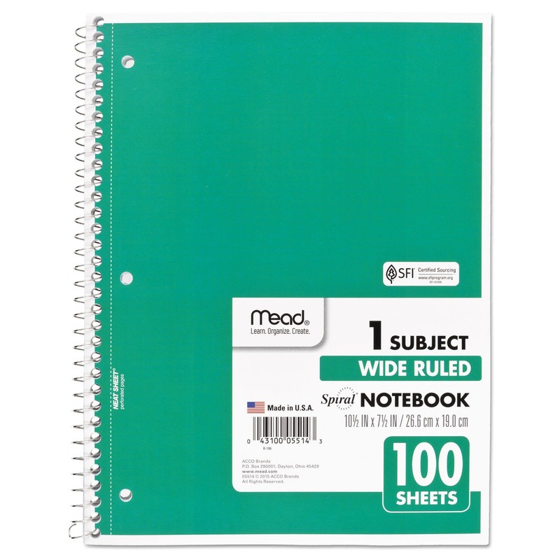 Mead Spiral Notebook, 1 Subject, Wide Ruled Paper, 100 Sheets,