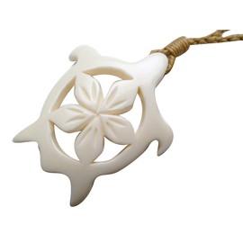 Island Sense Hand Carved Natural Buffalo Bone Hawaii Floral Style Honu Sea Turtle Pendant Artistically Knotted w/Adjustable Brown Hemp Cord Necklace/Choker - New Zealand/Polynesian Maori Style