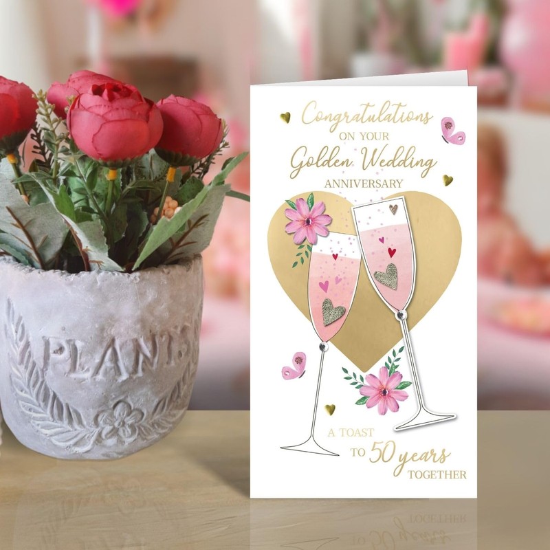 On Your Golden 50th Wedding Anniversary Card Embellished Champagne Greeting