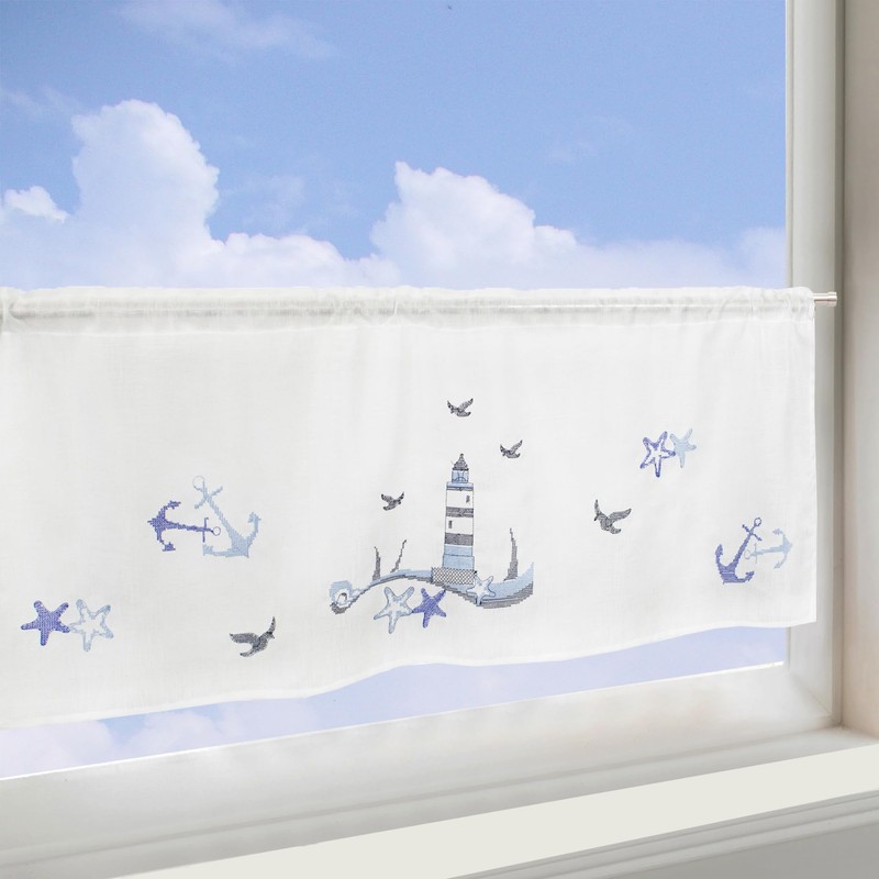 Delindo Lifestyle Net Curtain Lighthouse Motif, Modern and Transparent Bistro
