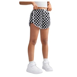 Floerns Girl's Plaid Print Track Shorts High Waisted Straight Leg Casual Shorts Black and White 10Y