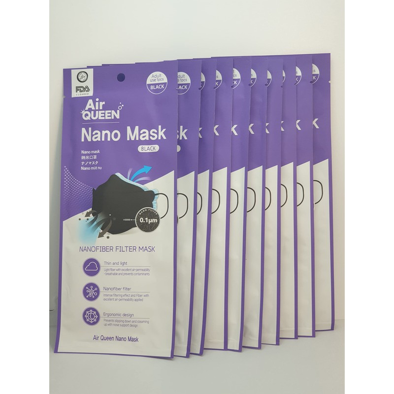 [10P] AirQUEEN nano fiber filter mask, Large, Black, Individually wrapped,