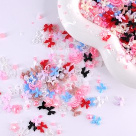 3D Nail Charms Flatback Pearls Set,8 Colors Bow-Knot Nail Rhinestones&Pink White Heart Moon Star Nail Pearls&0.5-4mm Nail Pearls&Flowers Jewels for Manicure DIY Crafts Jewelry Accessories