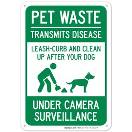 Sigo Signs Pet Waste Leash-Curb and Clean Up After Your Dog Under Camera Surveillance Sign, (SI-63188) 10x7 Inches, Rust Free .040 Aluminum, Fade Resistant, Made in USA