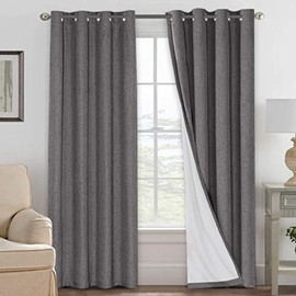 H.VERSAILTEX Linen Blackout Curtains 96 Inches Long 100% Absolutely Blackout Thermal Insulated Textured Linen Look Curtain Draperies Anti-Rust Grommet, Energy Saving with White Liner, 2 Panels, Grey